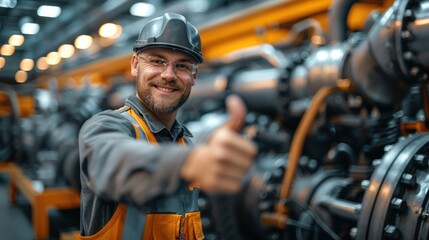 A diesel engine mechanic next to a big diesel engine, giving a thumbs up. Generative AI.