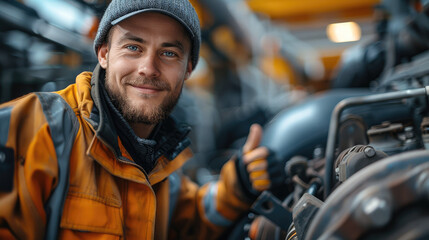 A diesel engine mechanic next to a big diesel engine, giving a thumbs up. Generative AI.