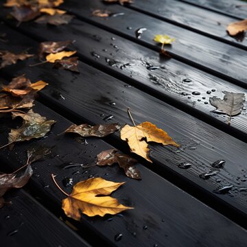 Autumn leaves falling on black painted wooden terraces. Rainy day