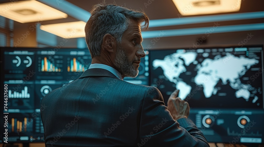 Poster A wealth management advisor engaged in a deep conversation with his client. The advisor is demonstrating the use of AI in managing complex financial data. Generative AI.