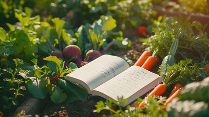 A diet plan notebook amidst a garden of vegetables, including carrots, beets, and cucumbers, on a...