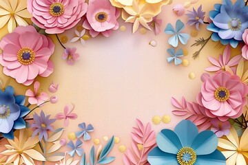 spring theme papercut floral frame in pastel colors