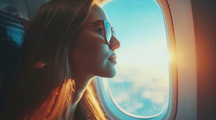 Deurstickers Young woman gazing out of an airplane window, invites viewers to share in the moment of reflection, feelings of hope, travel, and exploration, excitement of travel,  airplane window © Intelligent Horizons