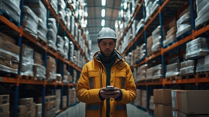 Fototapeta premium A worker holding a smartphone in a warehouse. Generative AI.