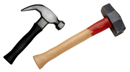 Collection of hammers. Hammer with wooden handle. Isolated on a transparent background. Repair and construction.