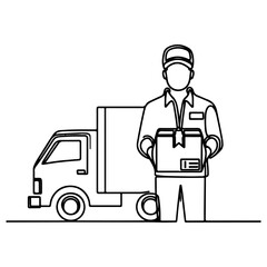 continuous one single black line drawing delivery man standing and holding box with parcel post box vector logistic concept.
