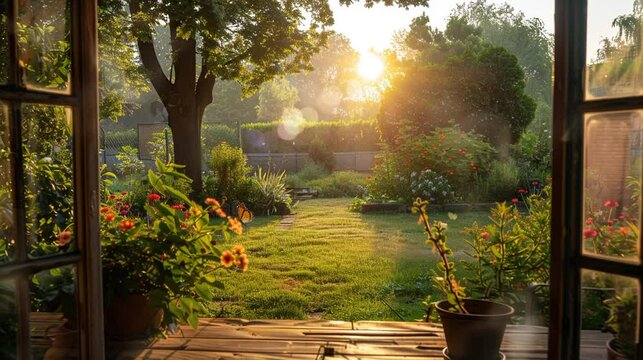 A beautiful garden scene with butterflies and beautiful flowers