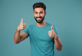 A bald man in a teal shirt gives a thumbs up, smiling confidently with a blurred background. - obrazy, fototapety, plakaty