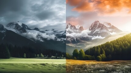 Panoramic view of the Caucasus mountains in the morning and sunset