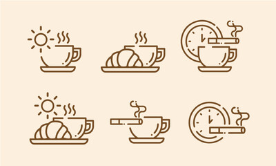 Coffee break set icons in flat style. Clock with coffee cup, Coffee with croissant, morning coffee break, time to coffee and tigarette. Breakfast time.