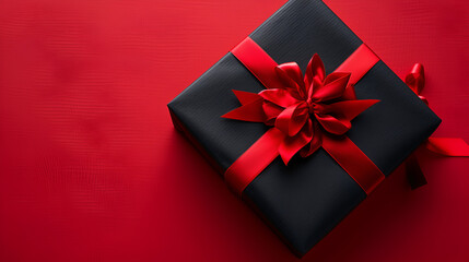 Top view photo of black giftbox with red ribbon bow on red background with copy space, generative ai