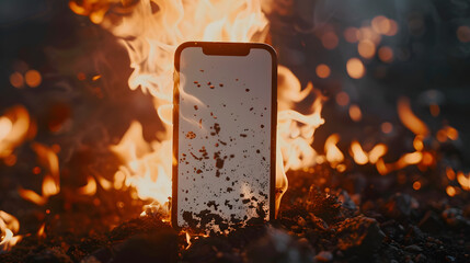 Isolated smartphone device burning in fire with blank empty white screen, emergency communication technology concept