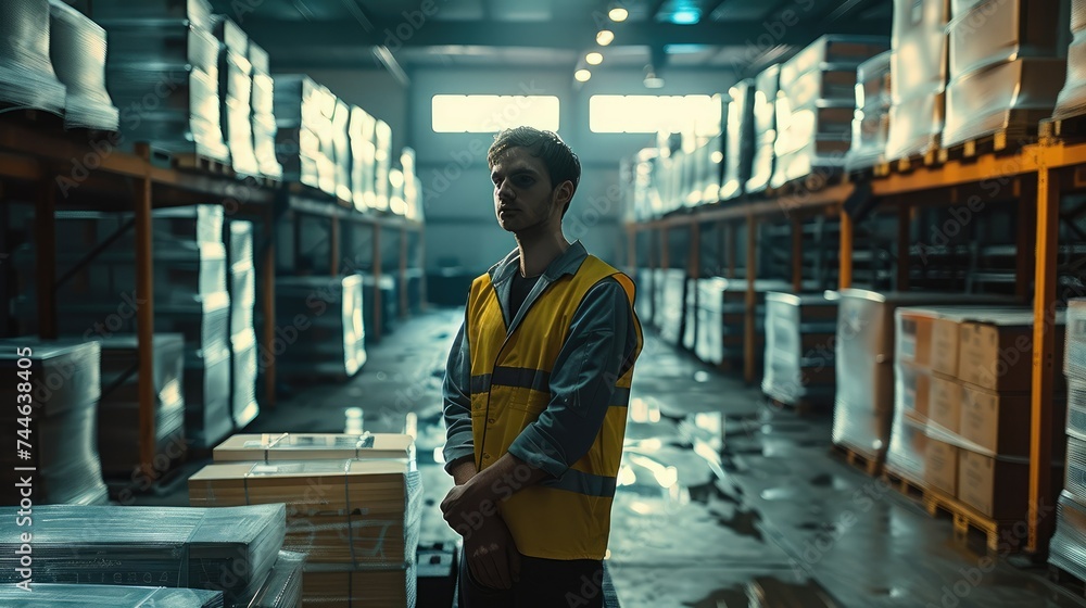 Poster an engineer in a warehouse standing next to a conveyor. generative ai.