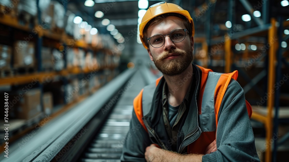 Aufkleber an engineer in a warehouse standing next to a conveyor. generative ai.