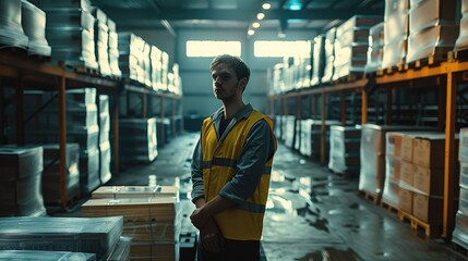 Obraz premium An engineer in a warehouse standing next to a conveyor. Generative AI.