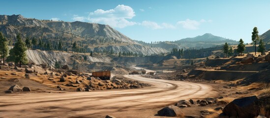 Sunny environment showing an open-pit mine with gravel road and piles of gravel and spoil. - obrazy, fototapety, plakaty