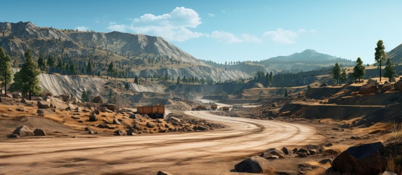 Sunny environment showing an open-pit mine with gravel road and piles of gravel and spoil.
