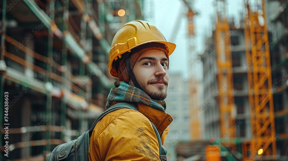 Aufkleber a builder in a helmet at construction site, scaffolding on the background. generative ai.