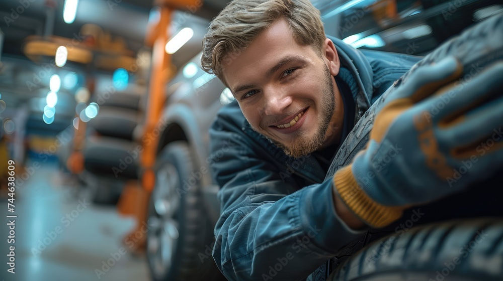 Aufkleber a smiling car mechanic changing a tire of car in a modern brightly lit car workshop. generative ai.