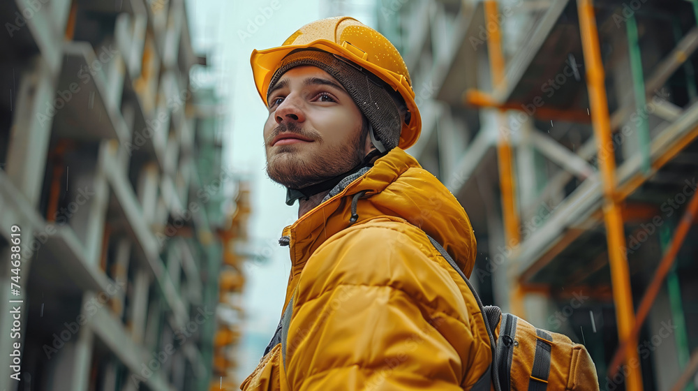 Aufkleber a builder in a helmet at construction site, scaffolding on the background. generative ai.