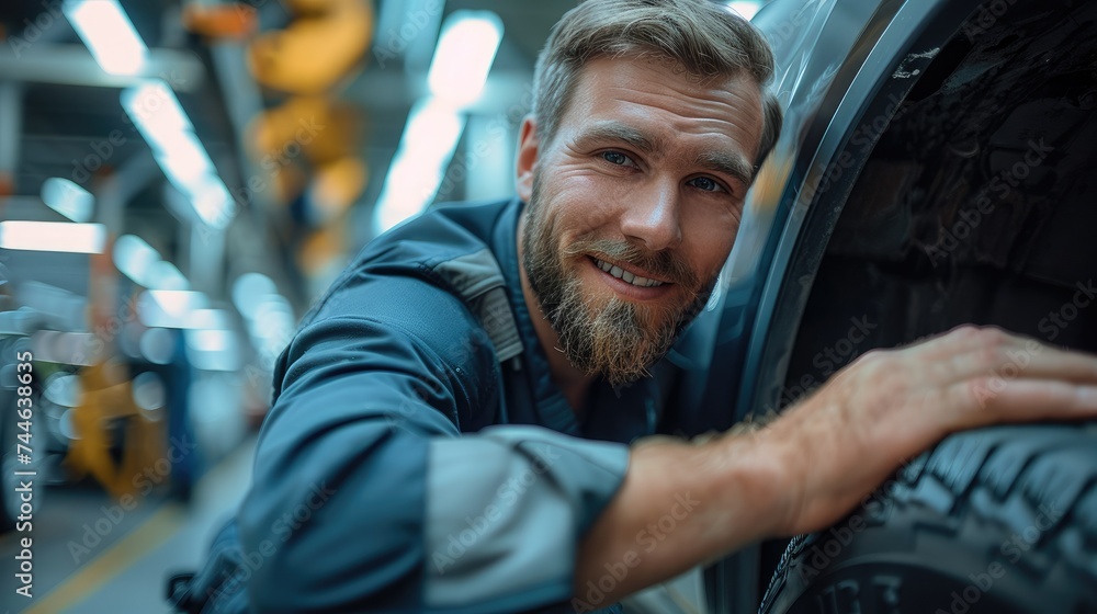 Aufkleber a smiling car mechanic changing a tire of car in a modern brightly lit car workshop. generative ai.