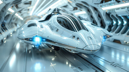 Futuristic spaceship, blue white colors. Generative AI.