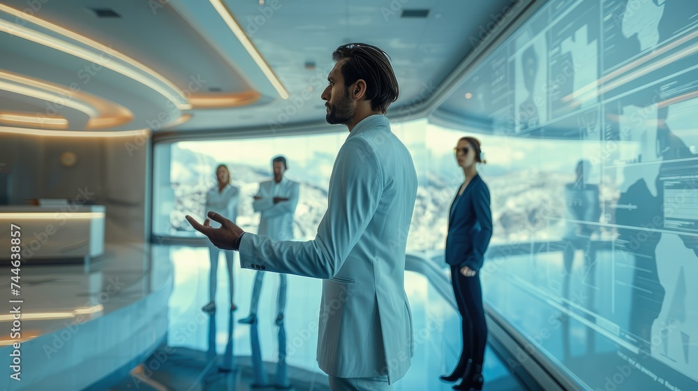 Poster a consultant leading a strategy workshop in a futuristic office. generative ai.