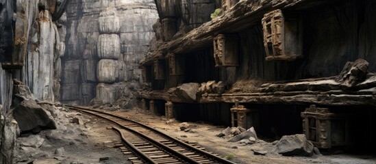 Fototapeta na wymiar Railway made of wood within a derelict limestone mine