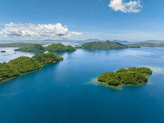 Beautiful landscape of tropical islands and blue sea. Blue skies and clouds. Mindanao, Philippines.