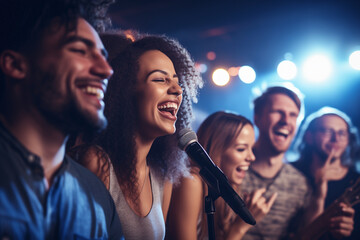 Group of friends enjoying karaoke night out at club.