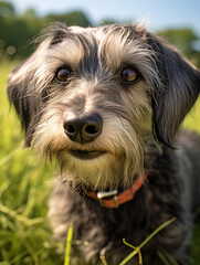 Naklejka na ściany i meble portrait of a gray rough-haired dachshund on grassy field