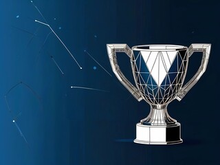 Trophy cup form lines and triangles, point connecting network on blue background. 