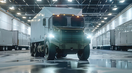 An electric military cargo truck. Generative AI. - obrazy, fototapety, plakaty