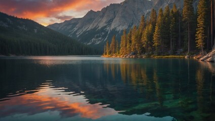 Serene mountain lake surrounded by pine trees and a colorful sunrise. Perfect for nature-themed blogs.  - obrazy, fototapety, plakaty