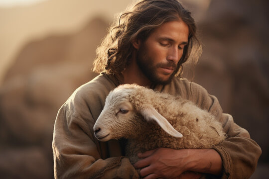 Jesus recovered lost sheep carrying it in his arms. Biblical story conceptual theme