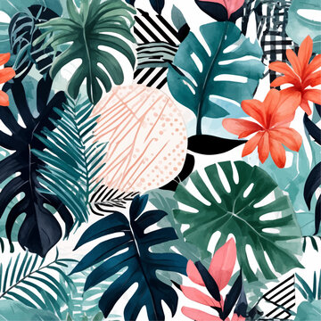 Beach cheerful seamless pattern wallpaper of tropical dark green leaves of palm trees and flowers bird of paradise (strelitzia) plumeria on a watercolor background