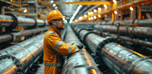 Engineer checking steel pipes and pipe in station oil factory during refinery valve of pipeline oil. Generative AI.