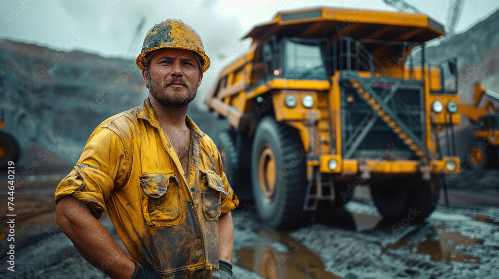 Poster a mine site worker in yellow work uniform overalls standing near heavy machinery. generative ai.