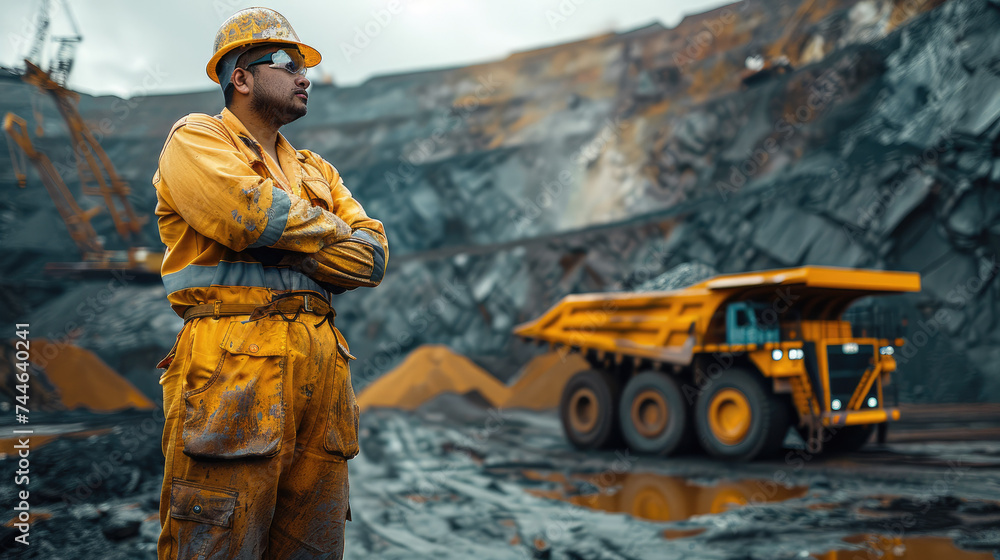 Poster a mine site worker in yellow work uniform overalls standing near heavy machinery. generative ai.