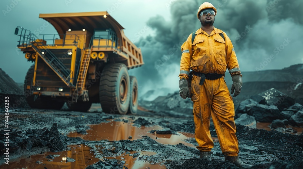 Poster a mine site worker in yellow work uniform overalls standing near heavy machinery. generative ai.