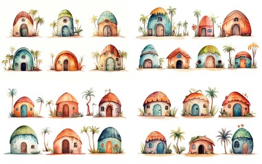 watercolor cartoon illustration, cute beach cabin collection set on white background, Generative Ai