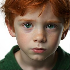 Little boy with red hair and green eyes. Generative AI