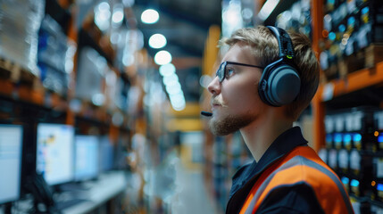 A warehouse manager communicates through a handheld radio with a headset while stationed in front of multiple screens. Generative AI.