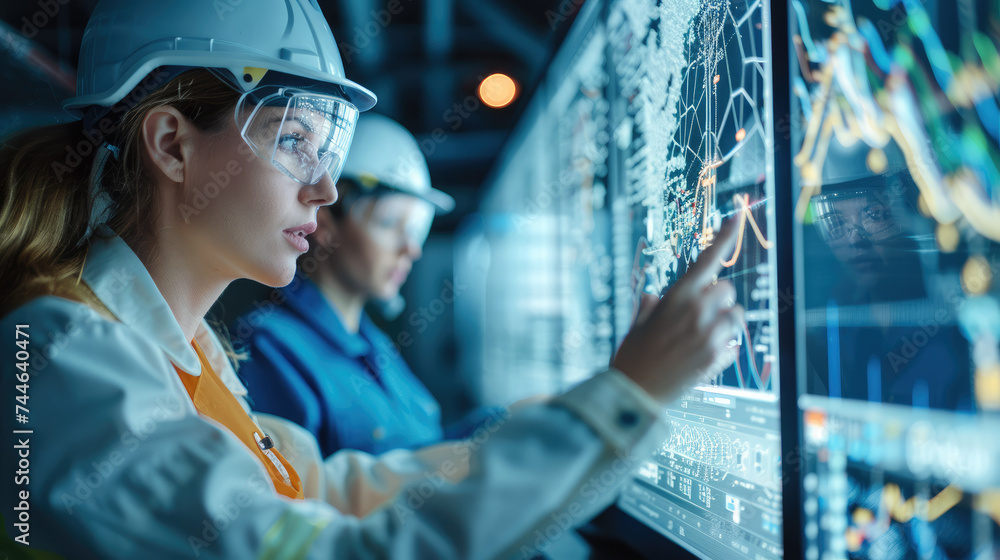 Poster A male and female technician in high-visibility jackets analyze data on a digital interface in a network operations center. Generative AI.