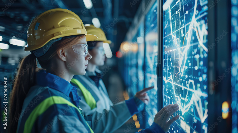 Leinwandbilder a male and female technician in high-visibility jackets analyze data on a digital interface in a net