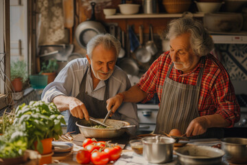 two elderly men cooking together in their cozy kitchen wearing aprons in their 50s or 60s. Concept for old friends or senior couple, smiling, happy, feeling joy