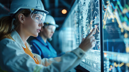 A male and female technician in high-visibility jackets analyze data on a digital interface in a network operations center. Generative AI.