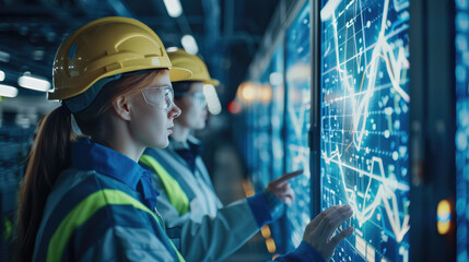 A male and female technician in high-visibility jackets analyze data on a digital interface in a network operations center. Generative AI.