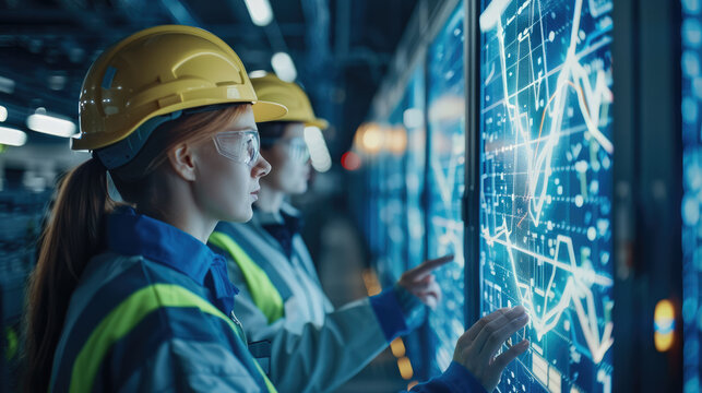 A male and female technician in high-visibility jackets analyze data on a digital interface in a network operations center. Generative AI. - Powered by Adobe