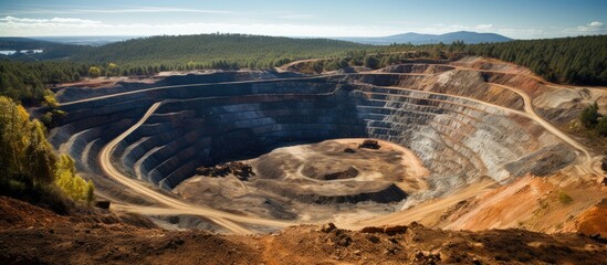 An open-pit mine surrounded by trees and soil on a hillside.